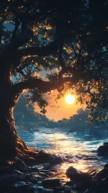 Sunset river beneath luminous tree canopy at twilight.