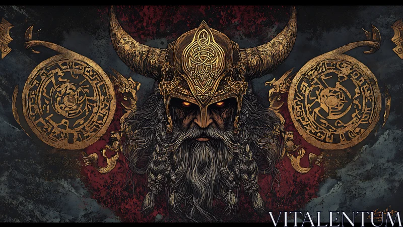 Horned warrior portrait with runic shields and braids.