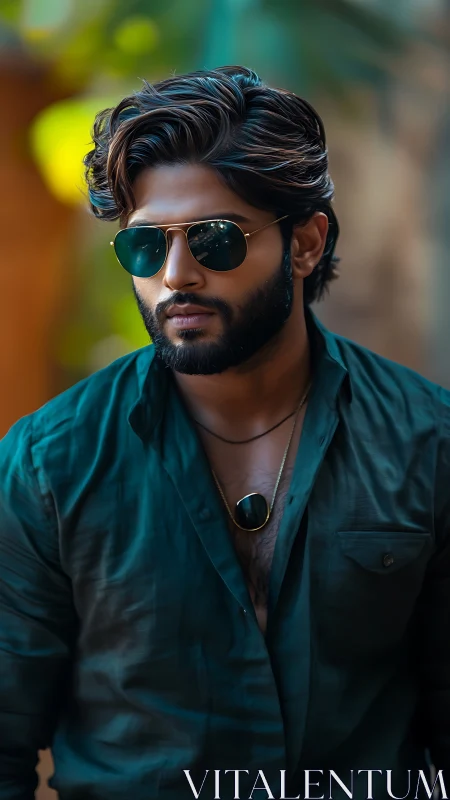 Man wearing sunglasses stands outdoors in shallow focus