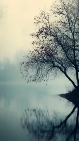 Bare tree leans over misty lake with soft mirrored reflection