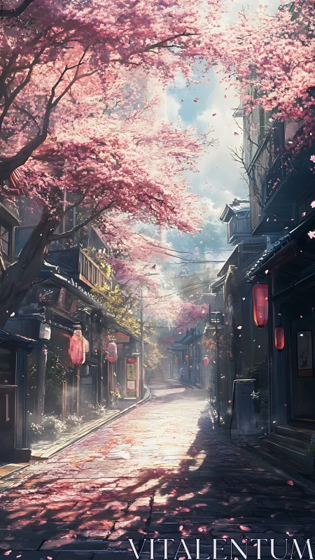 Lantern-lit sakura alleyway drifting in springtime hush.
