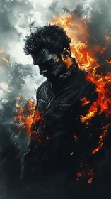 Digital portrait of figure framed by smoke and flames.