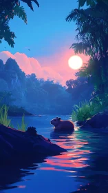 Capybara drifts through neon sunset ripples in jungle hush