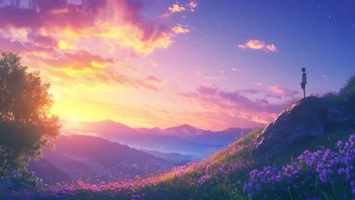 Solitary dreamer atop violet hills at electric sunrise.