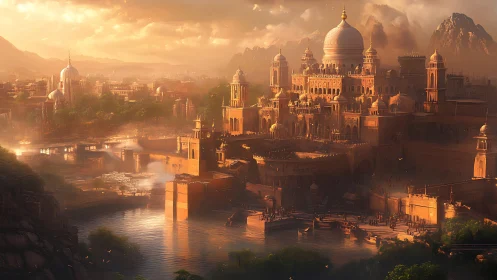 Golden riverside palace city glows softly in the evening light