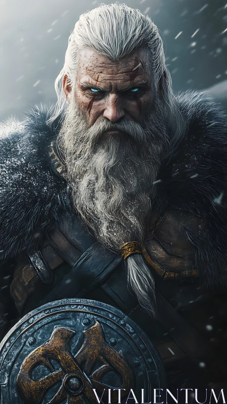 Aged warrior in fur armor with glowing eyes in snowstorm