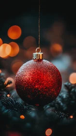 Red glitter ornament suspended on dark conifer branch.