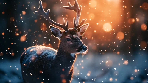 Winter stag stands in glowing bokeh snowfall at dusk.