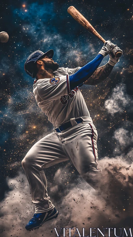Cosmic baseball slugger swings bat through starry dust field.