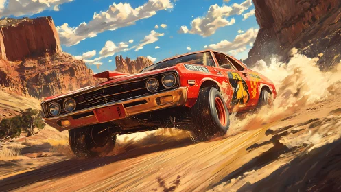 Rally muscle car drifting through sunlit desert canyon dust