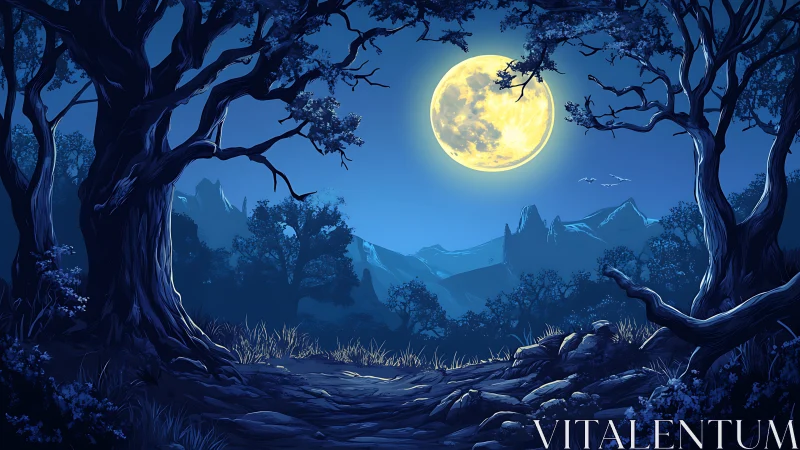 Moonlit Forest: Ancient Trees Frame Yellow Moon Over Misty Mountains