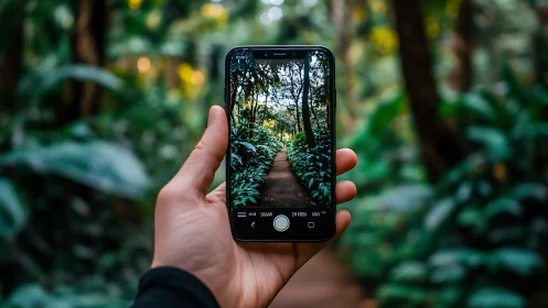 Hand holding smartphone photographing forest path scene.