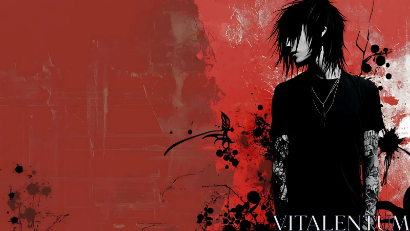 Ink-splattered emo silhouette against distressed crimson field.