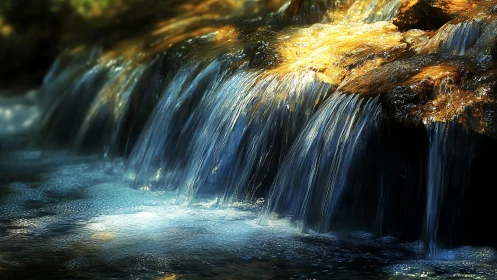 Water flows over rock ledge under directional sunlight