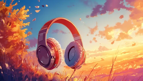 Floating headphones render capture autumn light with soft rim glow