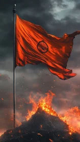Red flag with emblem flies over burning mound in storm