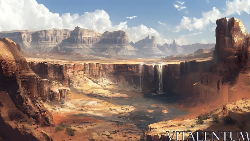 Expansive desert canyon basin with erosional strata and central waterfalls