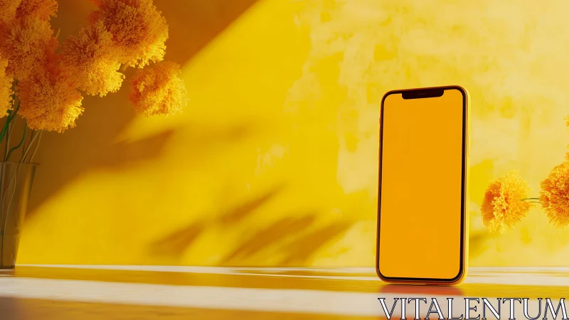 Modern smartphone with yellow screen beside flowers in bright sunlight. Modern smartphone with yellow screen beside flowers in bright sunlight.