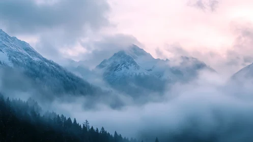 Snowy alpine peaks in pastel dawn mist.
