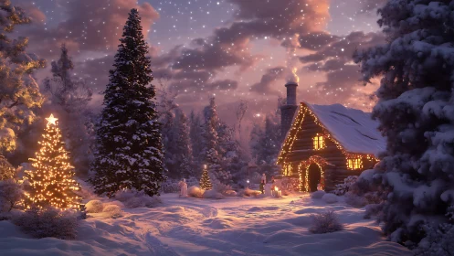 Snowy cabin glows with gentle lights on a peaceful winter night
