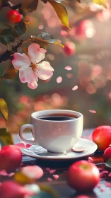 Morning coffee beside blossom branch and ripe apples.