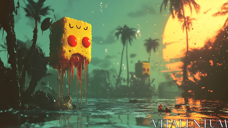 Melting cube creatures drift through a neon tropical sunset.