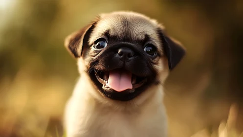 Joyful pug puppy beaming with sunny, heartwarming energy.