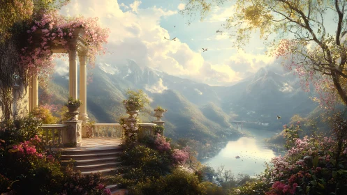 Flowered terrace overlooks sunlit alpine lake valley at dawn