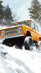 Retro orange off-roader climbs a frosted mountainside trail