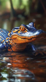 Chromatically enhanced alligator in shallow riparian habitat.