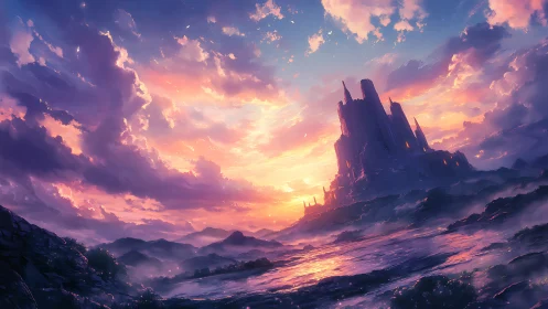Sunlit fantasy citadel resting beneath a dreamy sky.