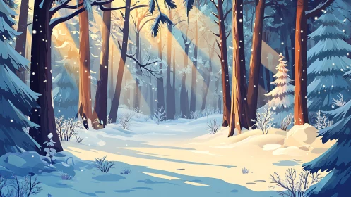 Winter Forest Landscape. Golden Sunlight Through Towering Pines.