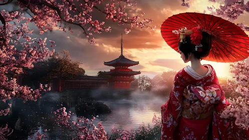 Geisha in crimson kimono beside misty pagoda at sunset.