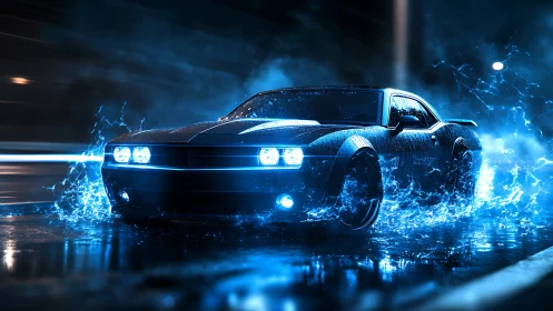 Electric blue muscle car emits dynamic plasma arcs on wet asphalt
