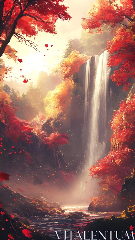 Waterfall flows through dense red autumn forest at sunrise