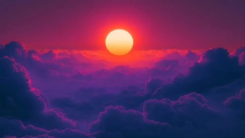 Sun disk over dense violet clouds under saturated sky