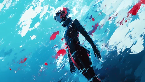 Cybernetic figure isolated in dynamic abstract cyan and red field