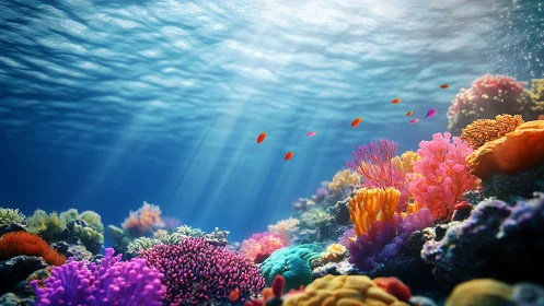 Sunlit coral kingdom blooms beneath glittering ocean ceiling.