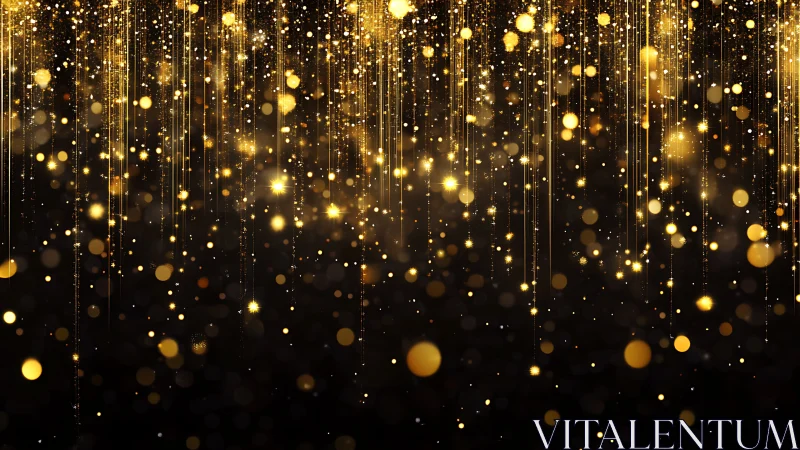 Golden light streaks and bokeh particles fall on dark background