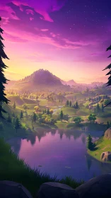 Digital valley landscape shows stylized lake under purple sky
