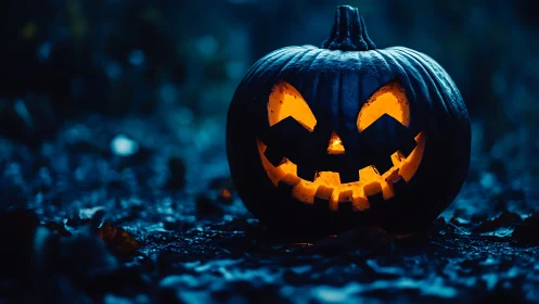Backlit jack-o-lantern with high contrast bokeh and wet ground
