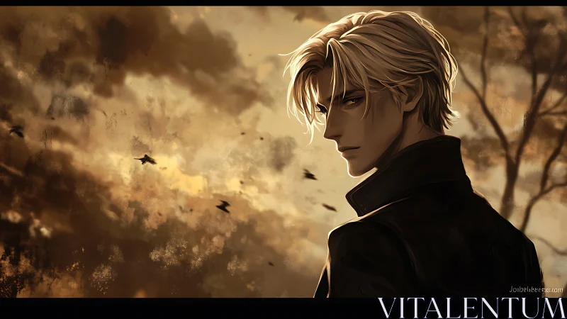 Brooding blond male silhouette against high-contrast storm sky
