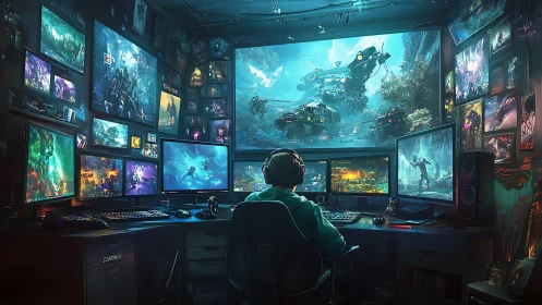 Immersive gamer battle station with sci fi displays.