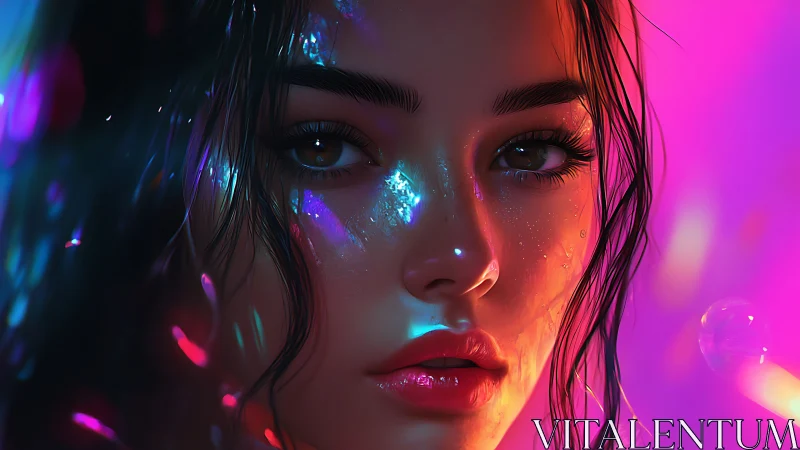 Neon-touched muse breathes quietly inside chromatic storms