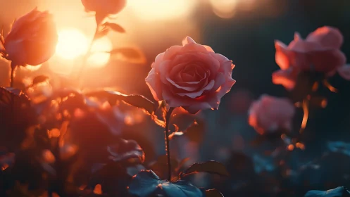 Roses Illuminated by Golden Hour Sunlight.