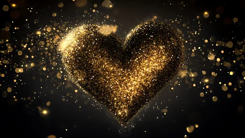 Glittering golden heart dissolves into radiant particle field
