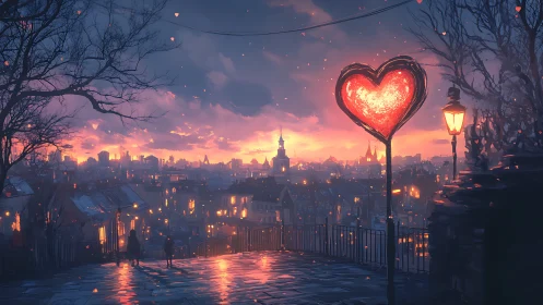 Glowing Heart Over a City at Sunset.