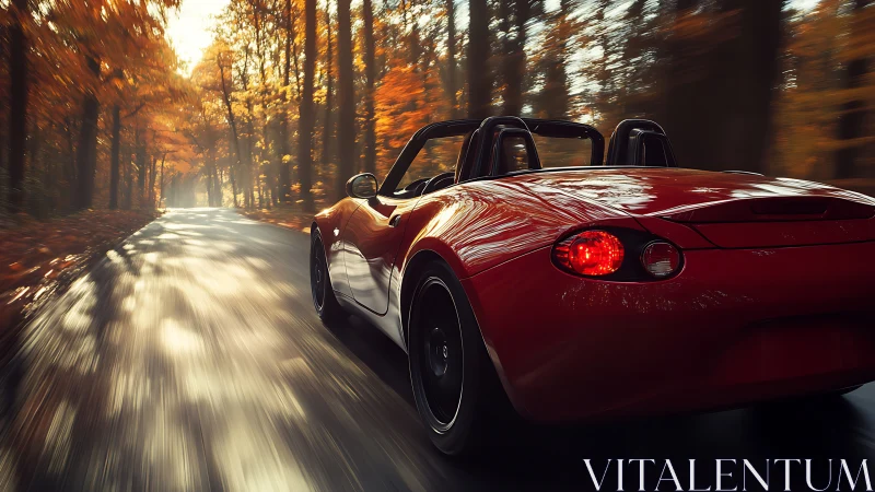 Red roadster accelerates through sunlit autumn forest road.