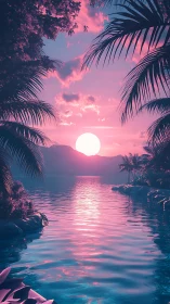 Neon tropical sunset bathes palm-framed lagoon in pink light