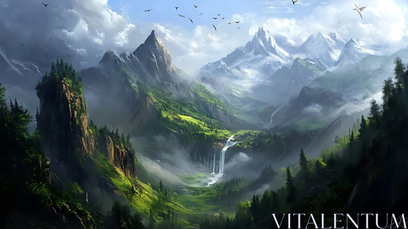 Sweeping mountain valley with waterfalls and misty peaks.